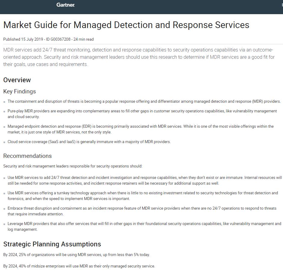 2019 Gartner Market Guide for Managed Detection and Response Services