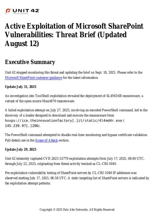 Active Exploitation of Microsoft SharePoint Vulnerabilities: Threat Brief