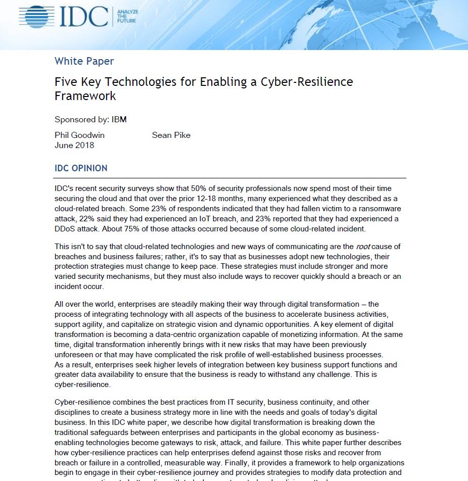 Five Key Technologies for Enabling a Cyber Resilience Framework