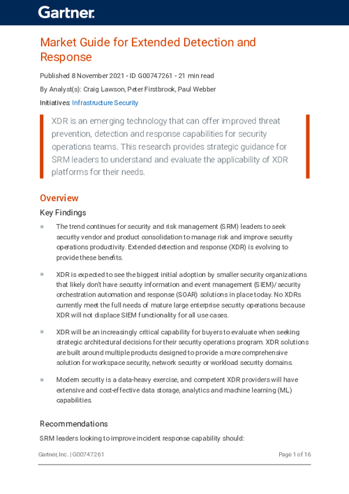Gartner Analysis: Market Guide for Extended Detection and Response (XDR)